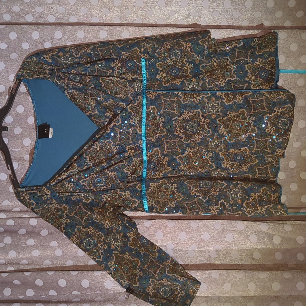 j.t.b. Women's Patterened Sequin V-Neck Faux Wrap Tie Top 3/4 Sleeve 18/20